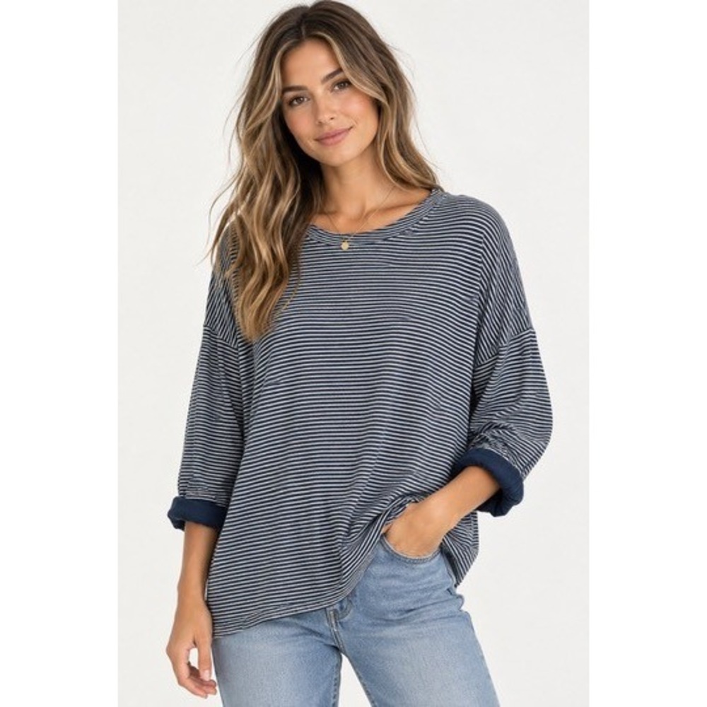 J. Jill Womens Navy Blue White Striped Cotton Rayon Long Sleeve Top Large